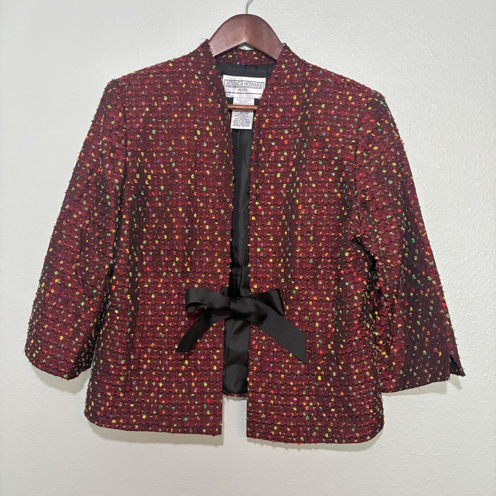 Jessica Howard Petite Burgundy Confetti Eyelash Jacket Bow Accent Size 14P